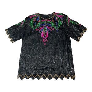 Vintage Petite Illustrations Top Womens Medium Black Silk Sequin Beaded Evening